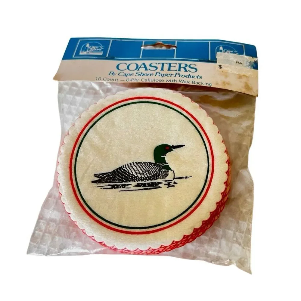 Vtg 80’s Loon Cellulose 6 Ply Coasters By Cape Shore Paper Products Cabincore
